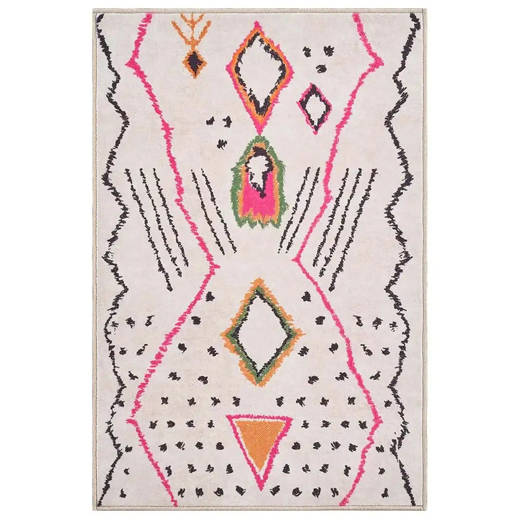 Abstract geometric patterned area rug with pink, orange, green, and black shapes on beige background