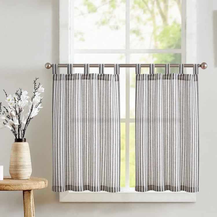 Striped Tab Top Linen Kitchen Curtains - Jinchan Home