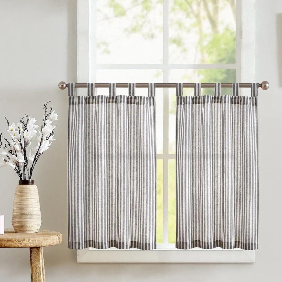 Striped Tab Top Linen Kitchen Curtains - Jinchan Home
