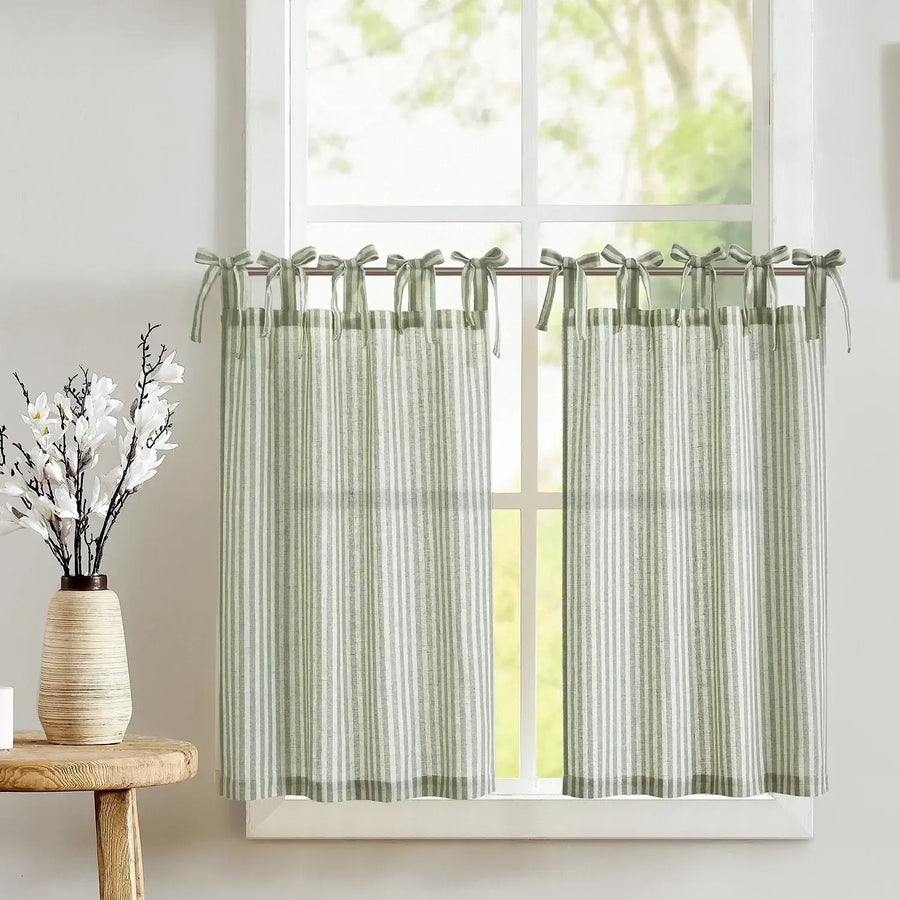 Striped Linen Blend DIY Tie-Top Kitchen Curtains - Jinchan Home