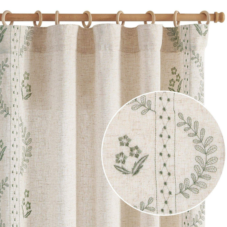 Embroidered Vine Floral Linen Curtains - Jinchan Home