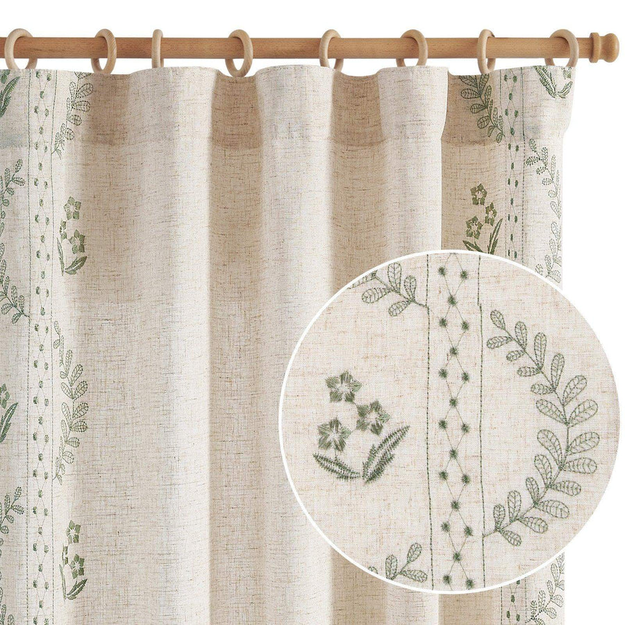 Embroidered Vine Floral Linen Curtains - Jinchan Home