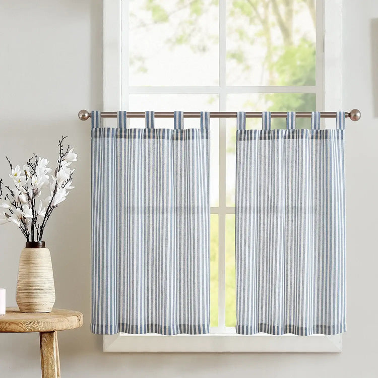 Striped Tab Top Linen Kitchen Curtains - Jinchan Home