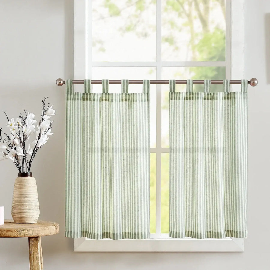 Striped Tab Top Linen Kitchen Curtains - Jinchan Home