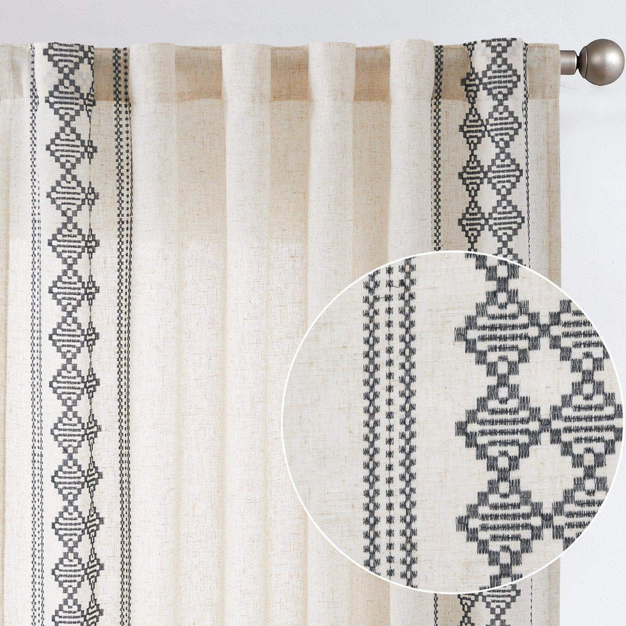 Embroidered Boho Ikat Geometric Curtains - Jinchan Home
