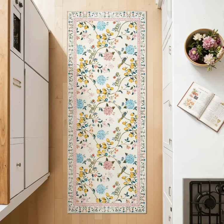 Lemon and Hydrangea Botanical Bird Area Rug - Jinchan Home