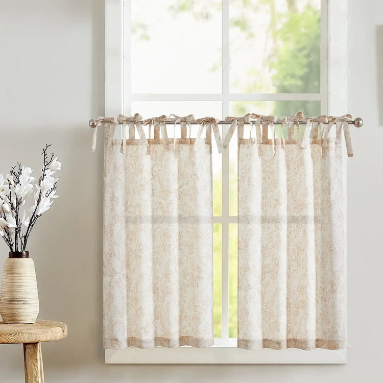 Neutral Scroll Pattern DIY Tie-Up Kitchen Curtains - Jinchan Home