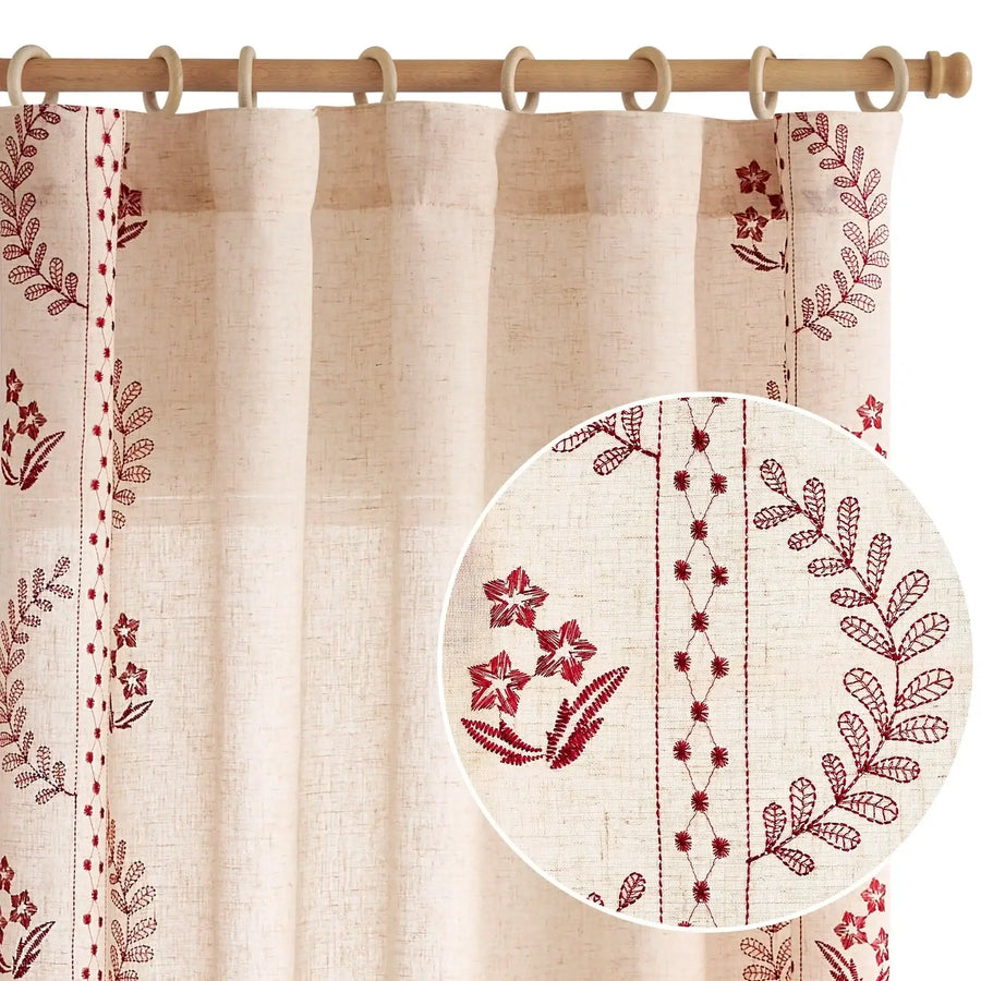Embroidered Vine Floral Linen Curtains - Jinchan Home