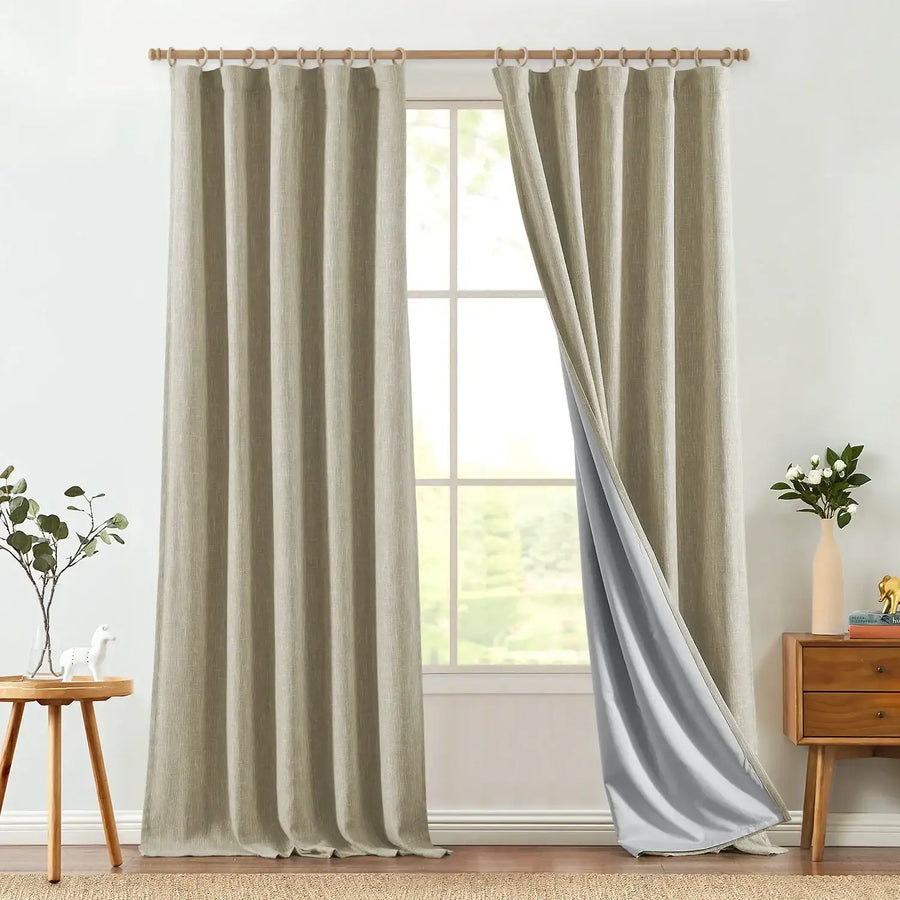 Textured Linen-Blend Solid Lined 3-in-1 Curtains - Jinchan Home