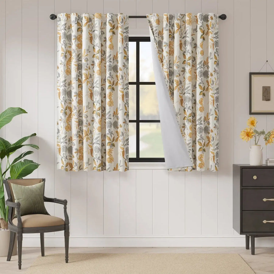 Leaf Pattern Linen-Blend 3-in-1 Curtains - Jinchan Home