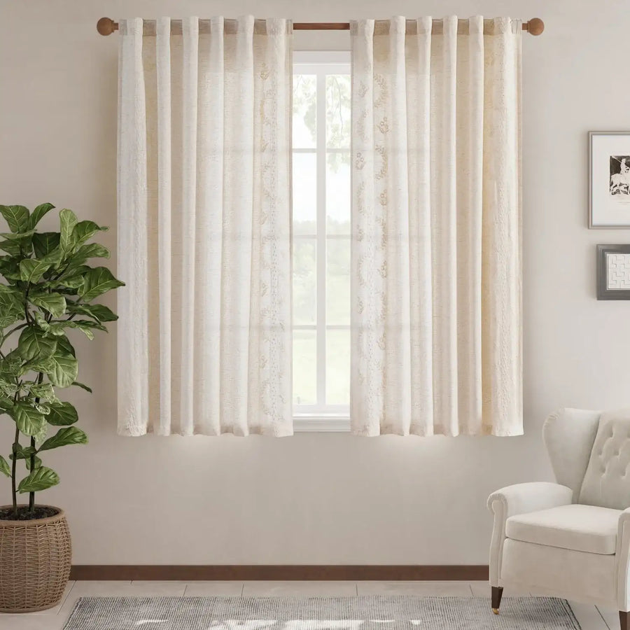 Embroidered Vine Floral Linen Curtains - Jinchan Home