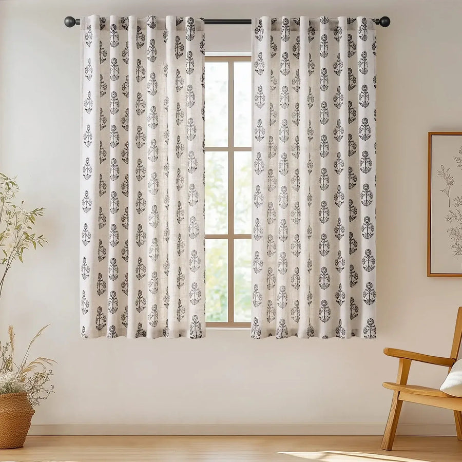 Linear Mini Floral and Leaf Linen Curtains - Jinchan Home