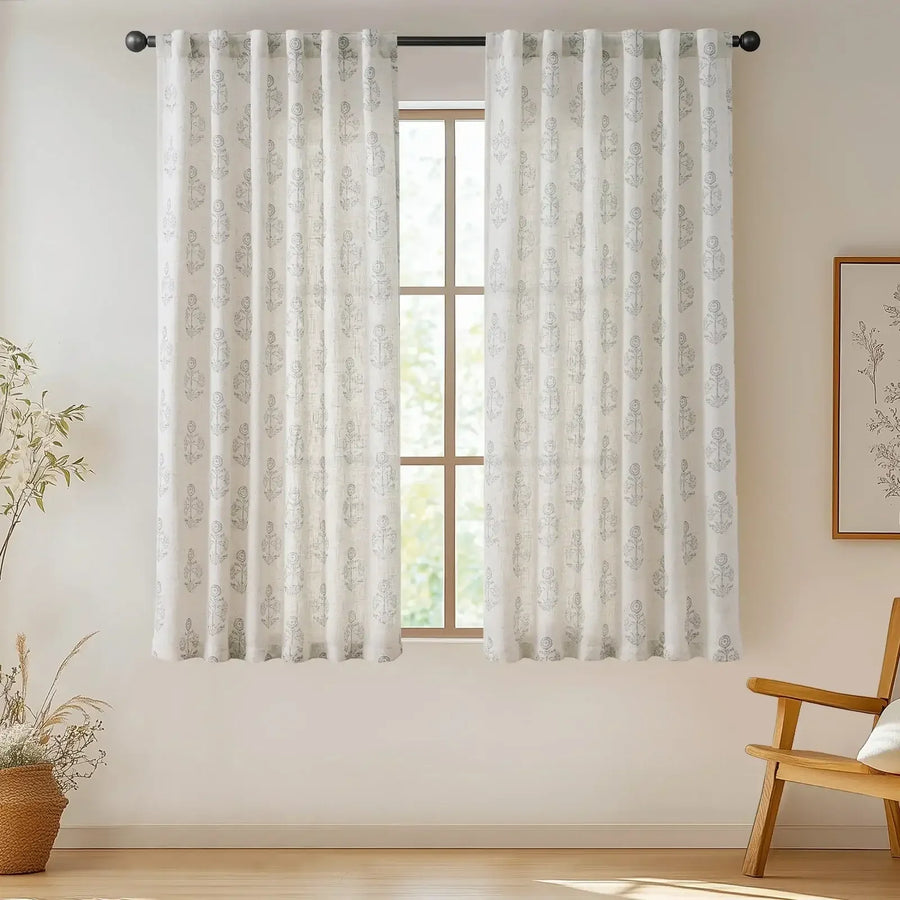 Linear Mini Floral and Leaf Linen Curtains - Jinchan Home