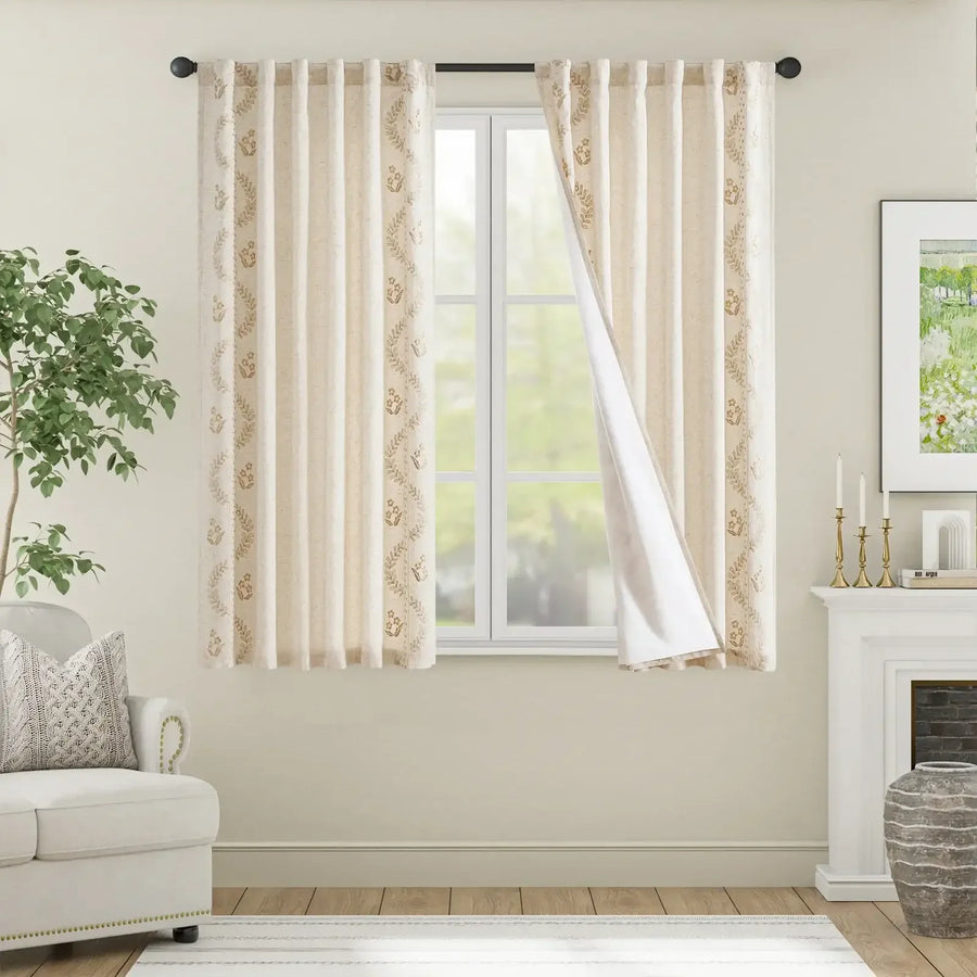 Vintage Lined Embroidered Botanical Border Curtains - Jinchan Home