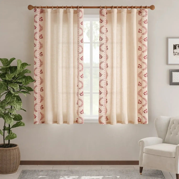 Embroidered Vine Floral Linen Curtains - Jinchan Home
