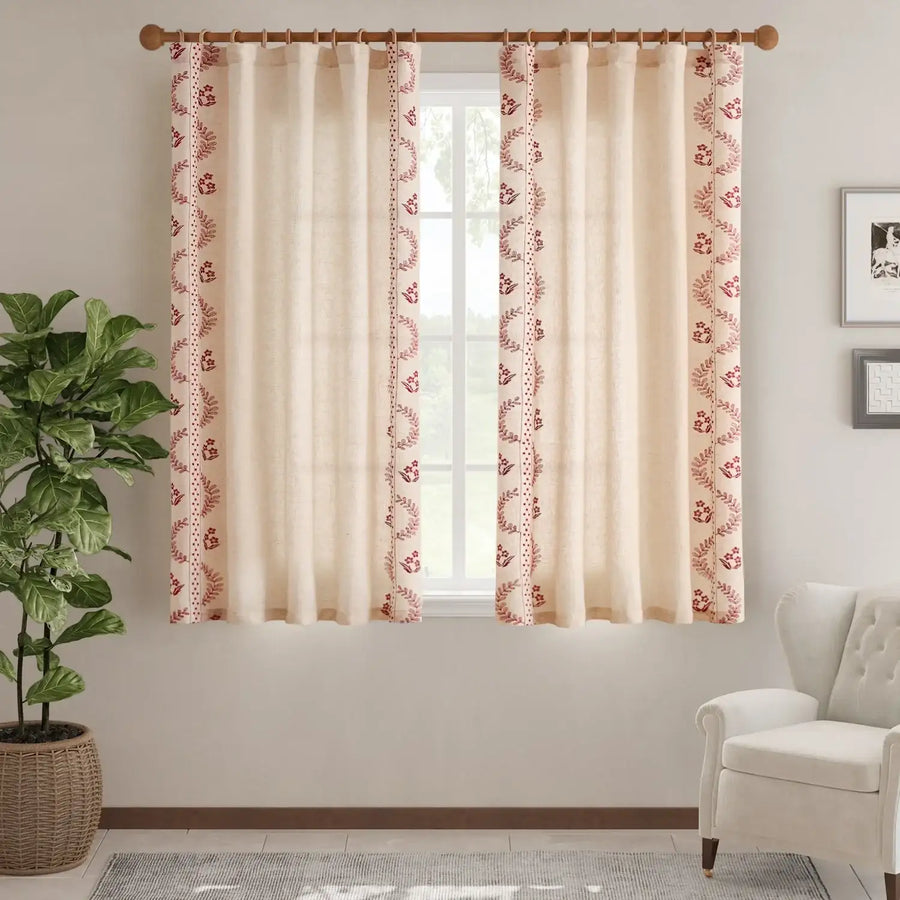 Embroidered Vine Floral Linen Curtains - Jinchan Home