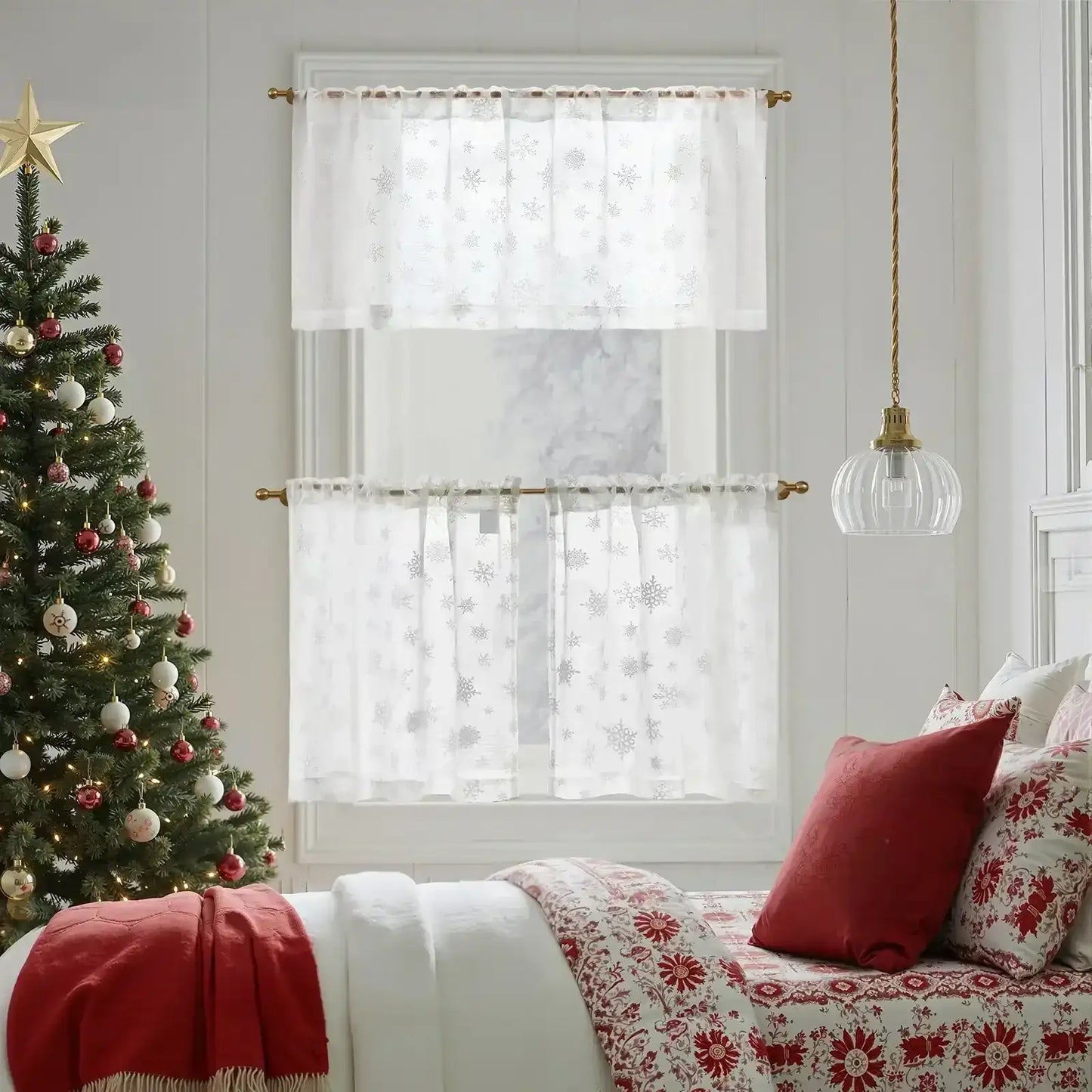 Embroidered Snowflakes Kitchen Window Valance - 58" Wide X 15" Long - Red Christmas Holiday Curtain - 100% Polyester, Machine Washable