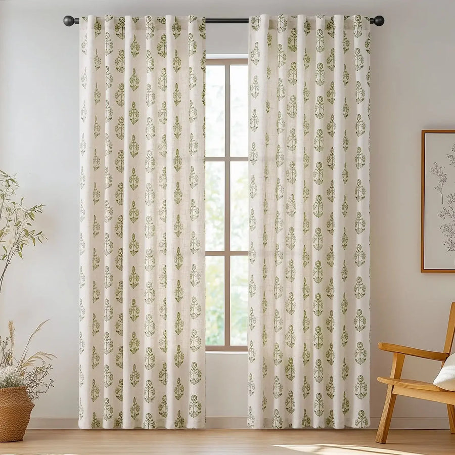 Linear Mini Floral and Leaf Linen Curtains - Jinchan Home
