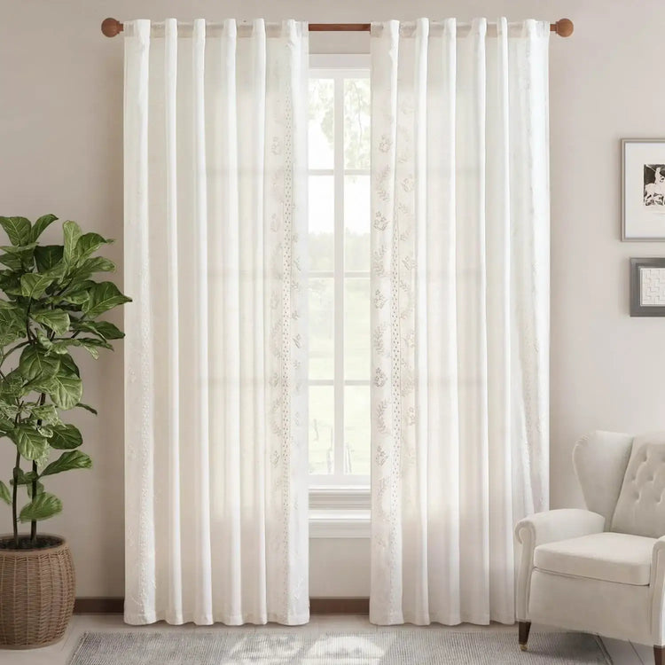 Embroidered Vine Floral Linen Curtains - Jinchan Home