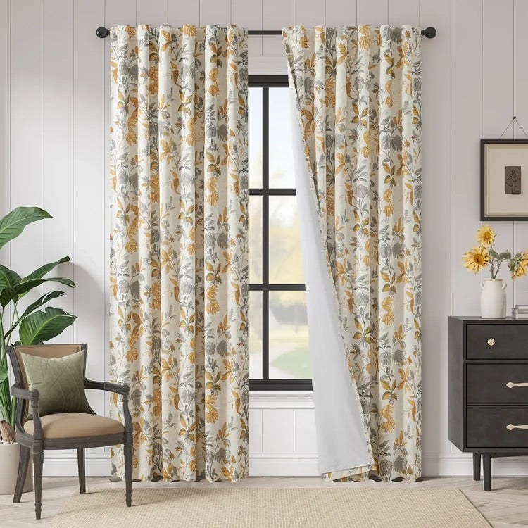 Leaf Pattern Linen-Blend 3-in-1 Curtains - Jinchan Home