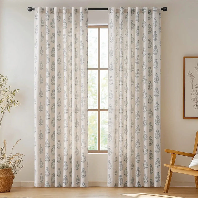 Linear Mini Floral and Leaf Linen Curtains - Jinchan Home