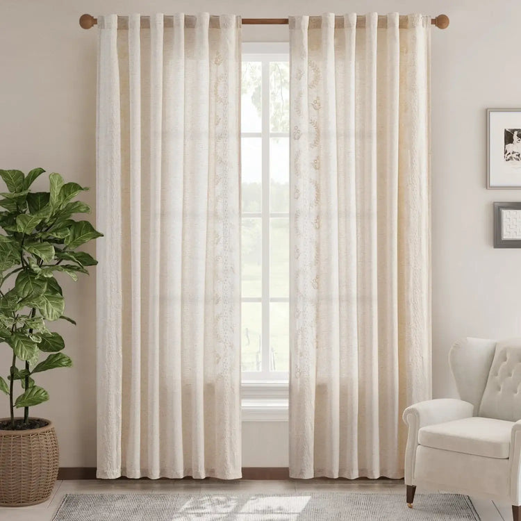 Embroidered Vine Floral Linen Curtains - Jinchan Home