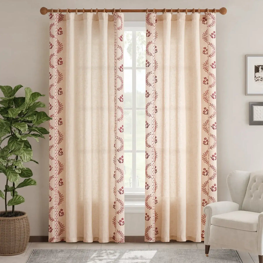 Embroidered Vine Floral Linen Curtains - Jinchan Home
