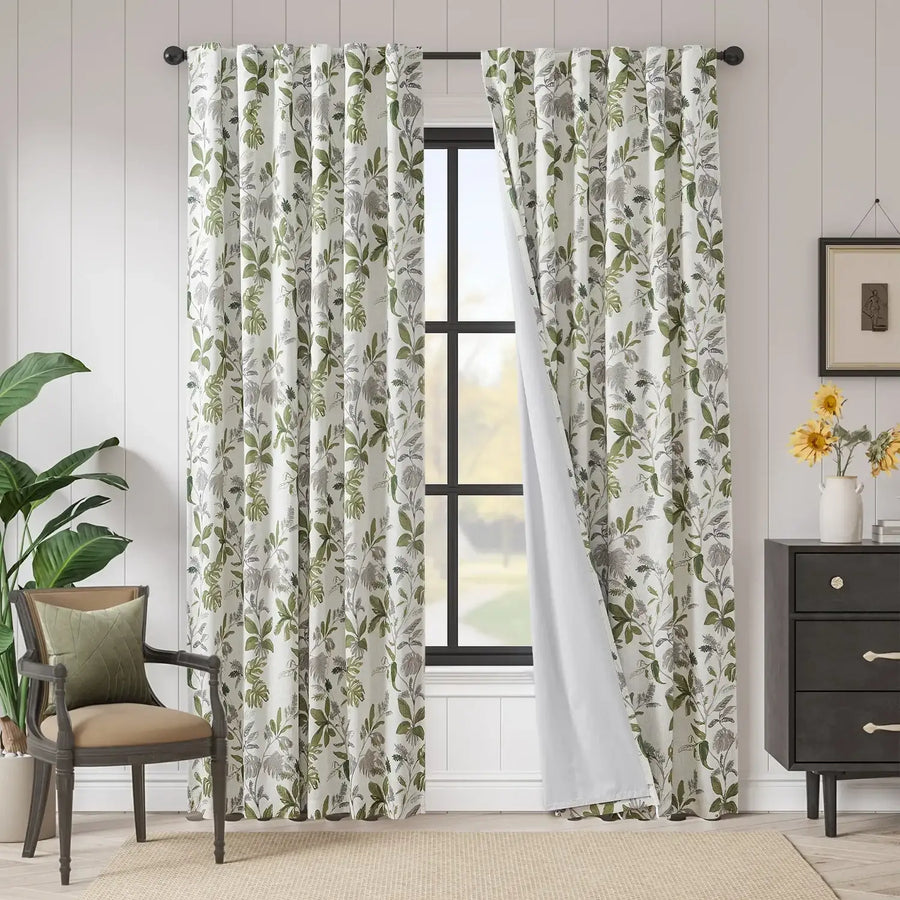 Leaf Pattern Linen-Blend 3-in-1 Curtains - Jinchan Home