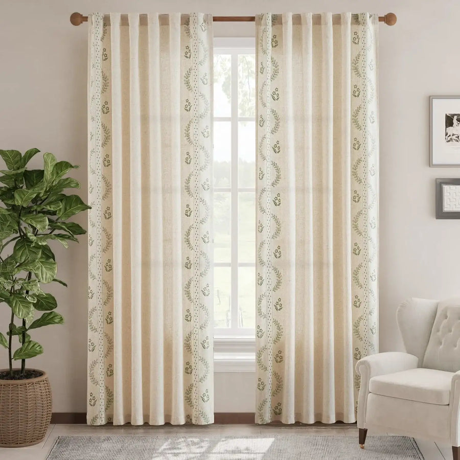 Embroidered Vine Floral Linen Curtains - Jinchan Home
