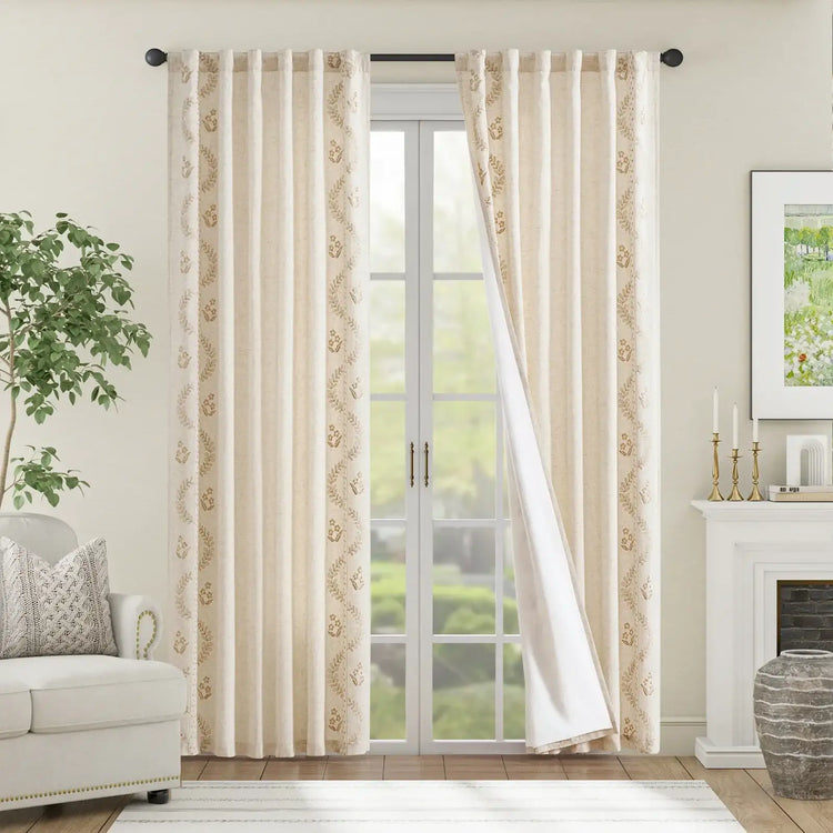 Vintage Lined Embroidered Botanical Border Curtains - Jinchan Home