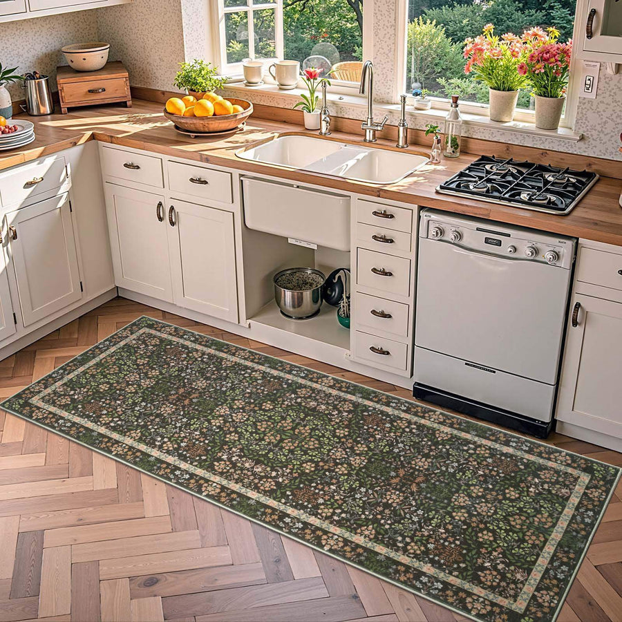 Hand-Painted Vintage Foliage & Floral Area Rug - Jinchan Home