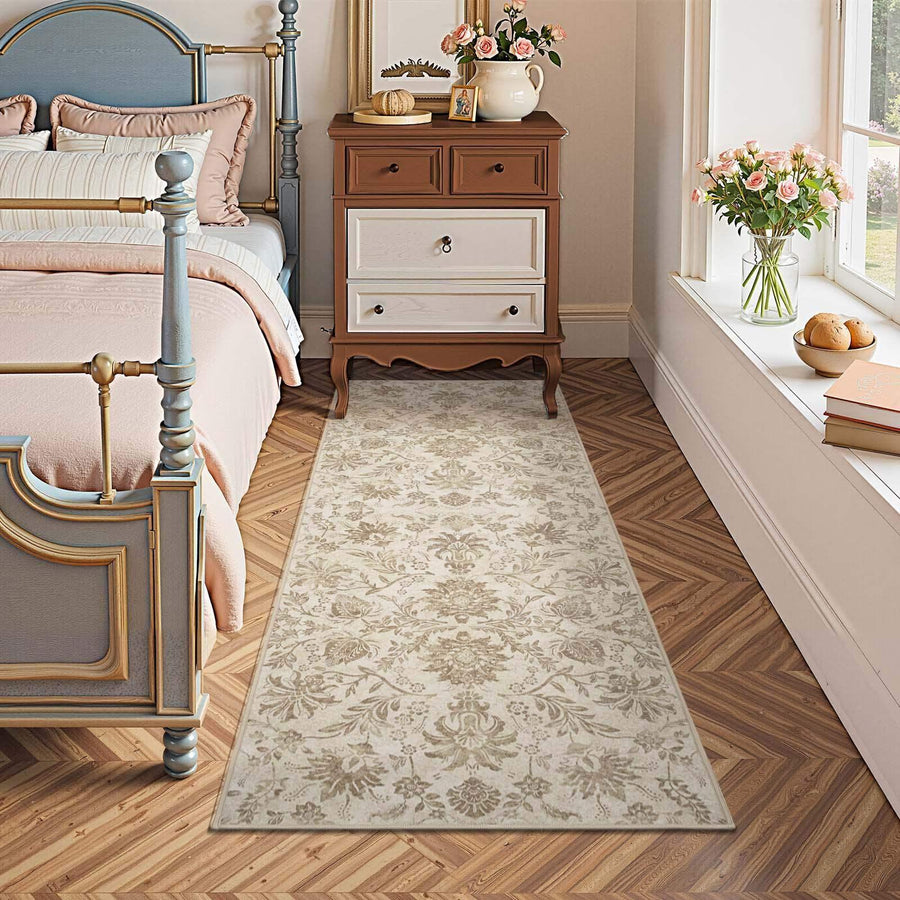 Vintage Distressed Large Floral Scrollwork Area Rug - Jinchan Home