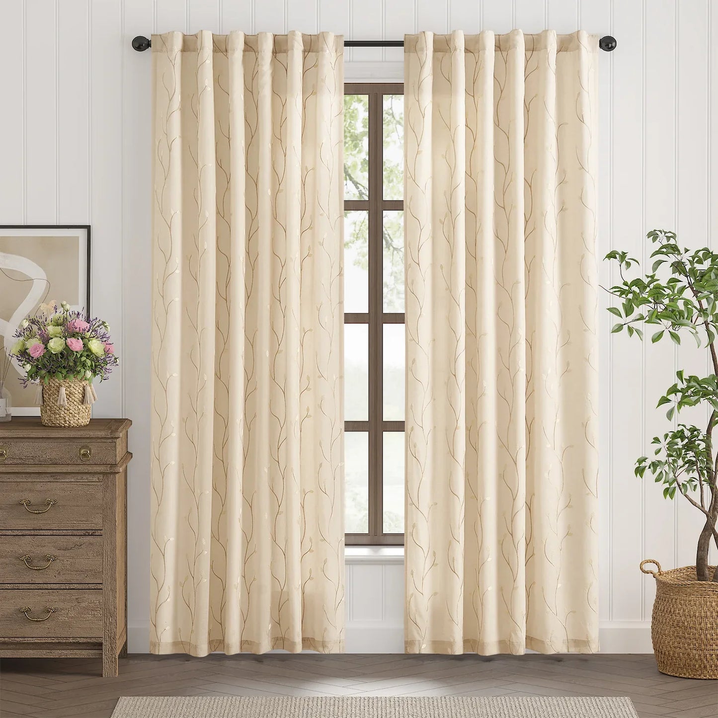 Vine Leaf Embroidered Lined Curtains - Jinchan Home