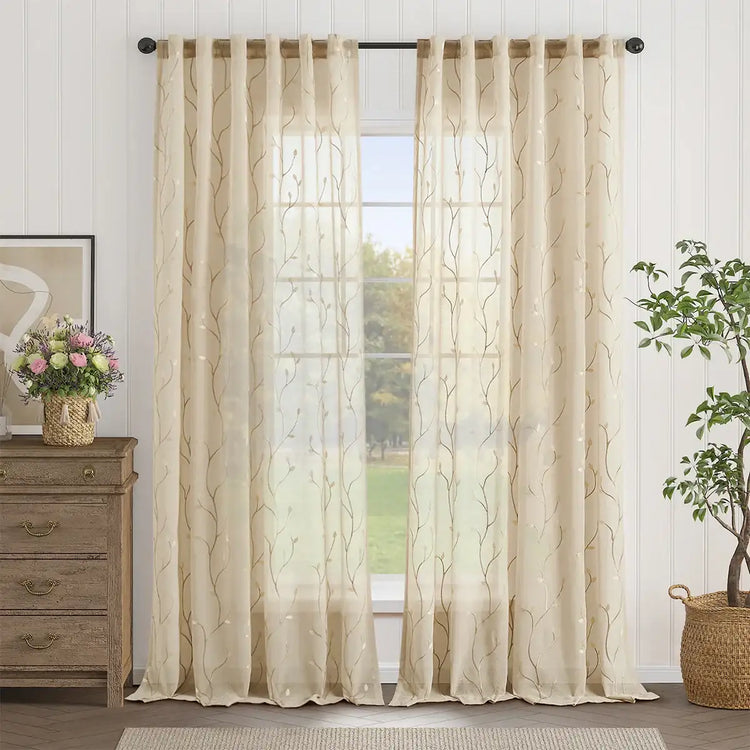 Leaf Embroidered Semi Sheers Curtains - Jinchan Home