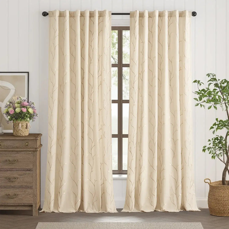 Vine Leaf Embroidered Lined Curtains - Jinchan Home
