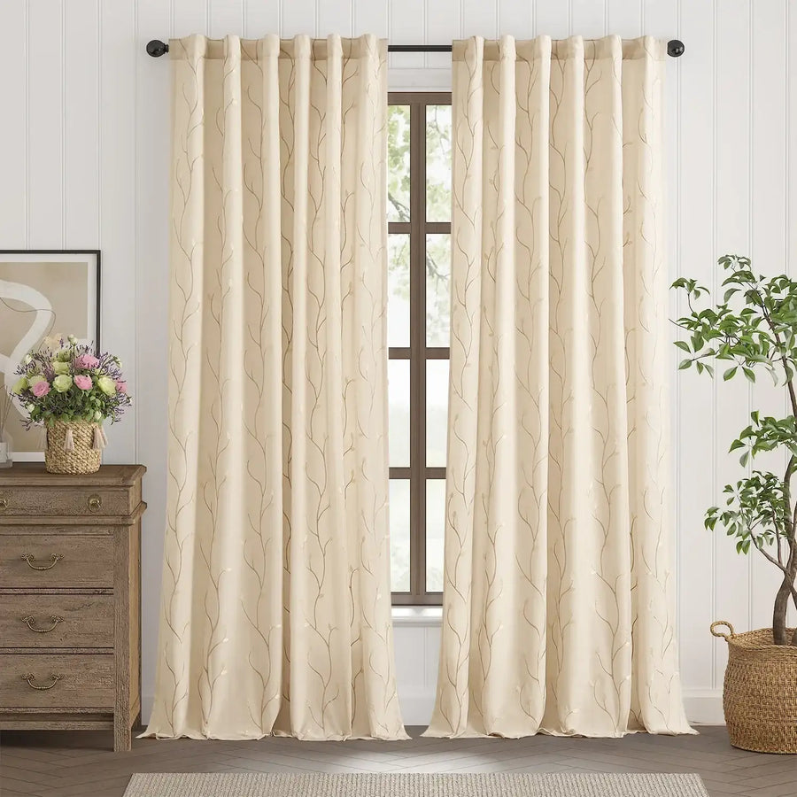 Vine Leaf Embroidered Lined Curtains - Jinchan Home