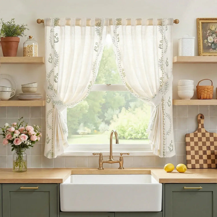 Vintage Wavy Floral Embroidery Kitchen Curtains - Jinchan Home