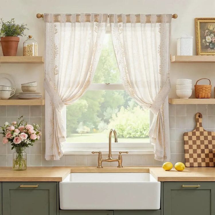 Vintage Wavy Floral Embroidery Kitchen Curtains - Jinchan Home