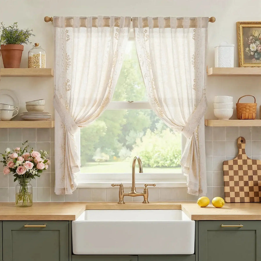 Vintage Wavy Floral Embroidery Kitchen Curtains - Jinchan Home