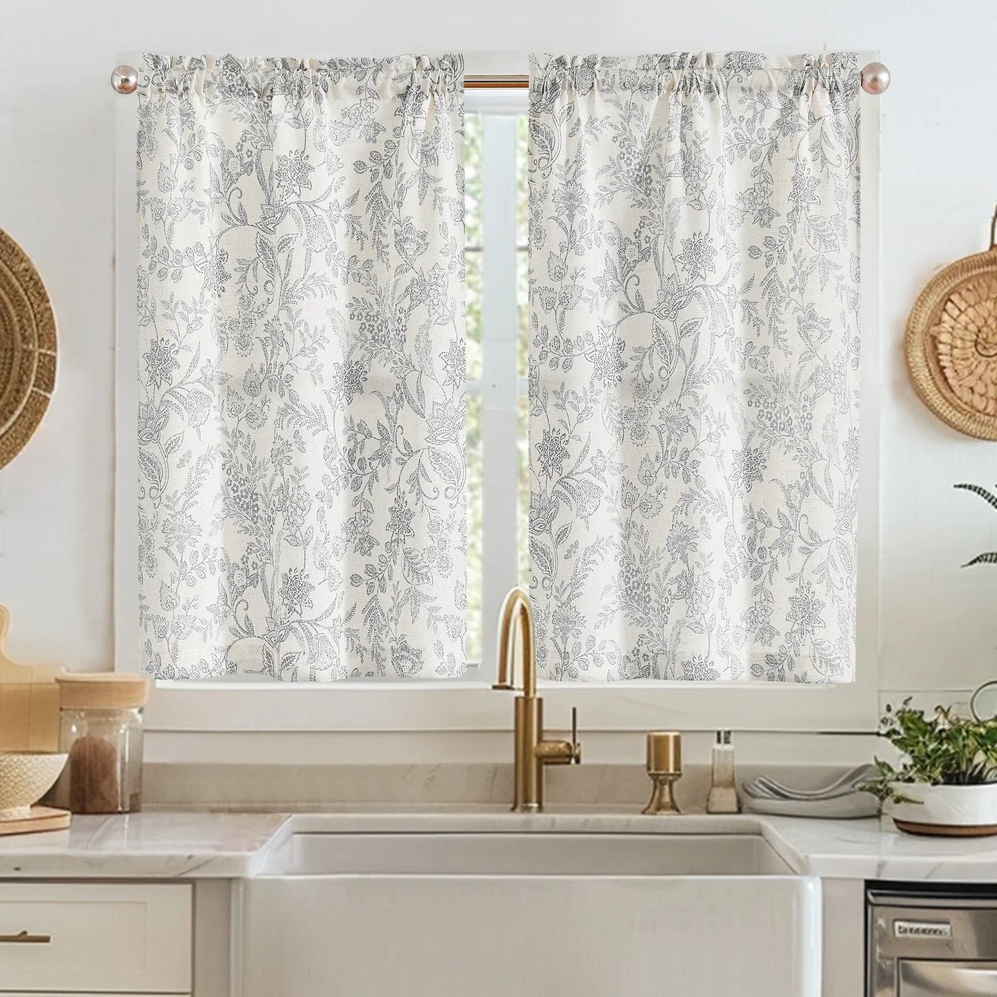Vintage Scrollwork Floral Linen Kitchen Curtains - Jinchan Home