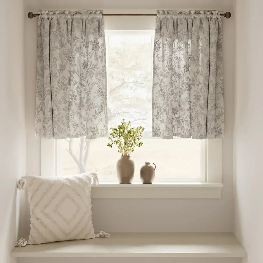 Vintage Scrollwork Floral Linen Kitchen Curtains - Jinchan Home
