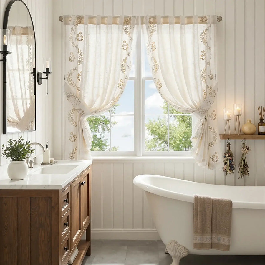 Vintage Wavy Floral Embroidery Kitchen Curtains - Jinchan Home