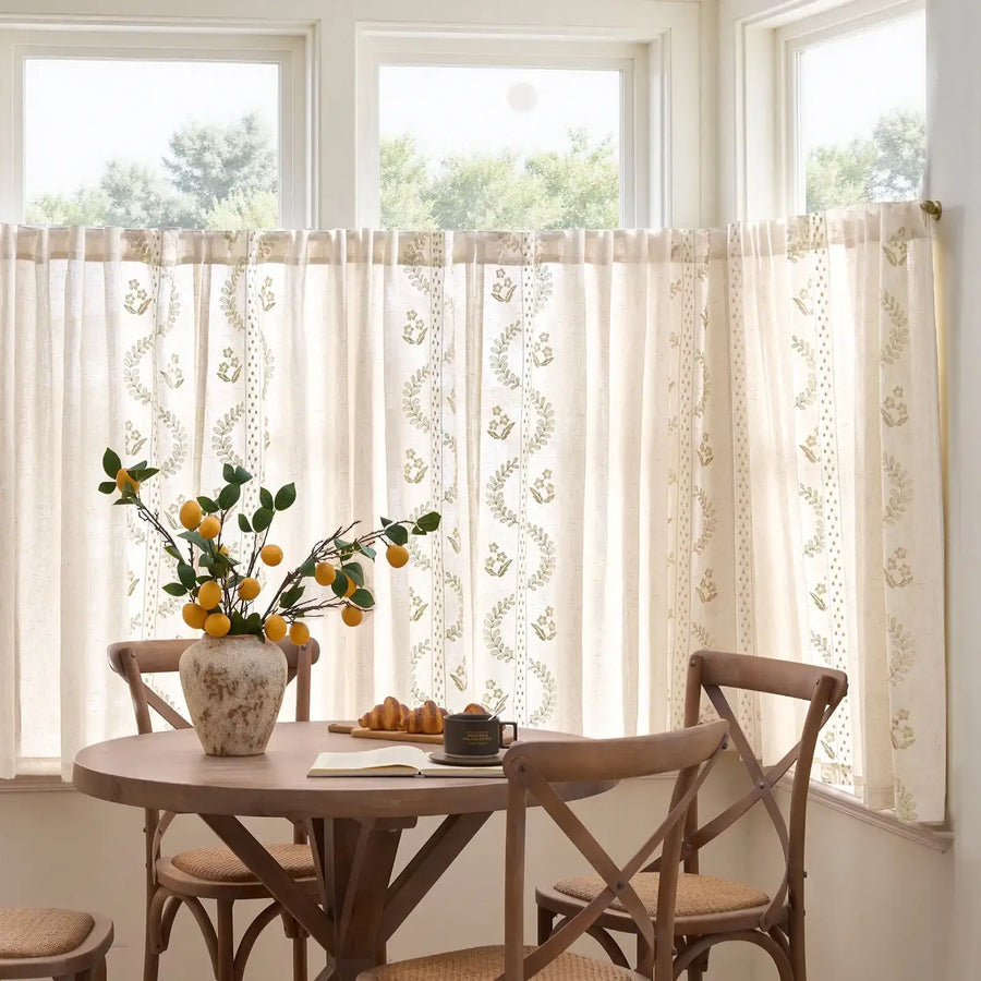 Vintage Wavy Floral Embroidery Kitchen Curtains - Jinchan Home