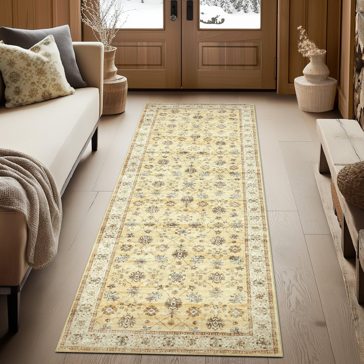 Beige floral patterned runner rug in cozy living room with sofa, pillows, and wooden decor