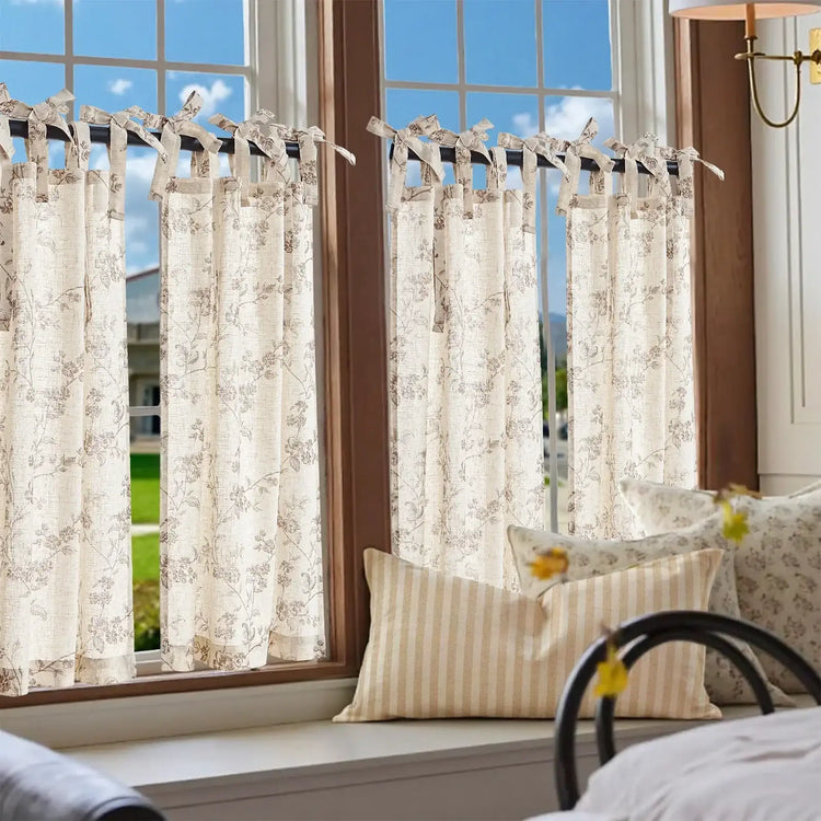 Vintage Vine Floral Sheer Tie-Top Kitchen Curtains - Jinchan Home