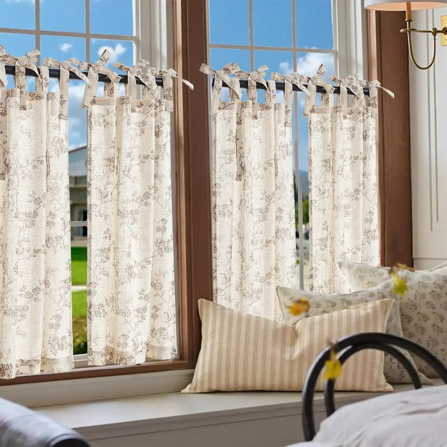 Vintage Vine Floral Sheer Tie-Top Kitchen Curtains - Jinchan Home