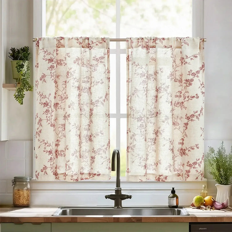 Bloom Vine Rod Pocket Kitchen Curtains - Jinchan Home