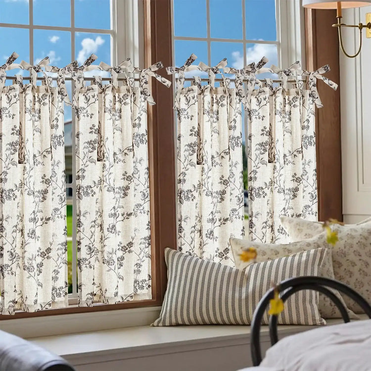 Vintage Vine Floral Sheer Tie-Top Kitchen Curtains - Jinchan Home