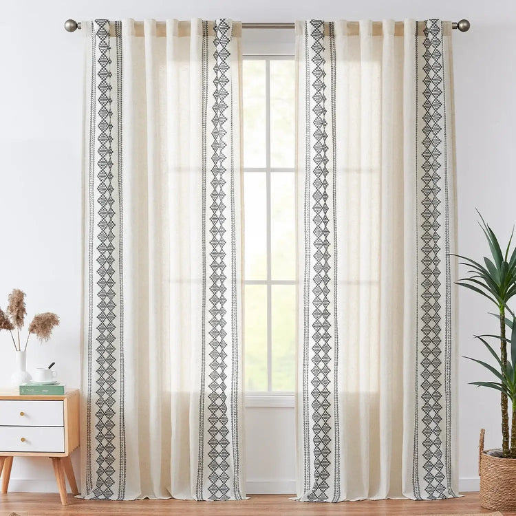 Embroidered Boho Ikat Geometric Curtains - Jinchan Home