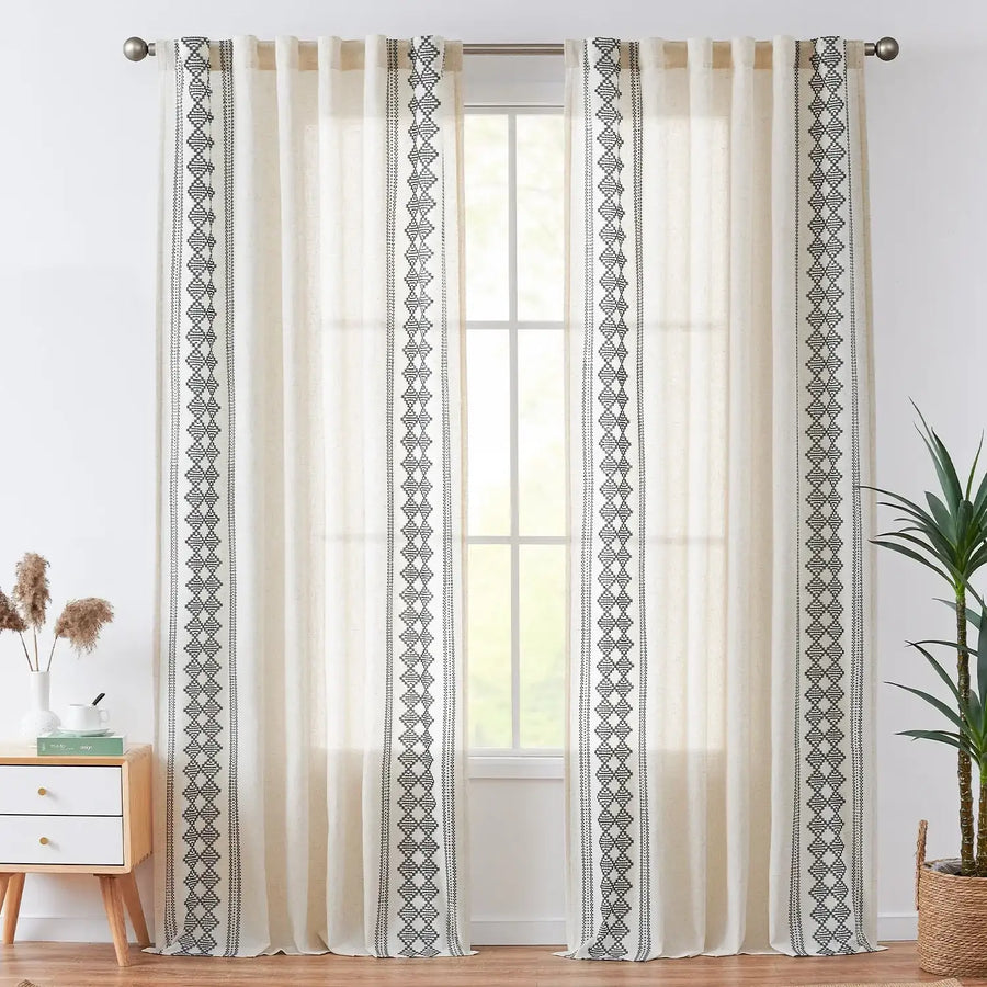 Embroidered Boho Ikat Geometric Curtains - Jinchan Home